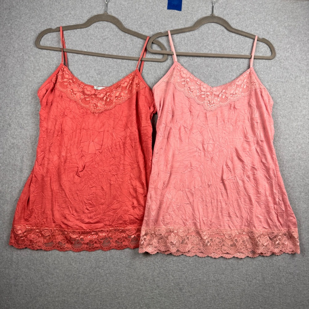 Maurices Tank Top LOT x 2 Womens XL Pink Coral Lace Trim Crinkle Camisole Y2K